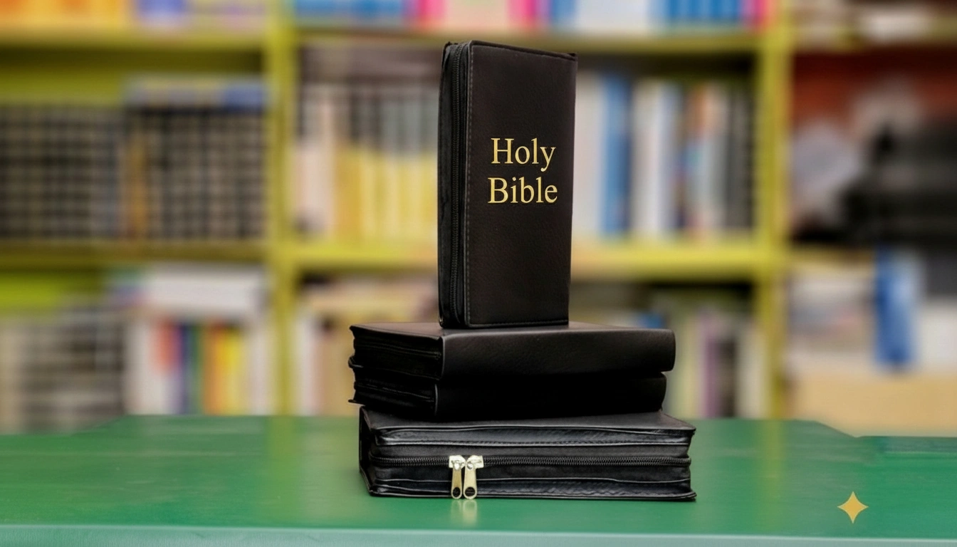 Fully restored Holy Bible with new handcrafted leather cover, zipper, and ribbon bookmarks by Bible Empire Kampala