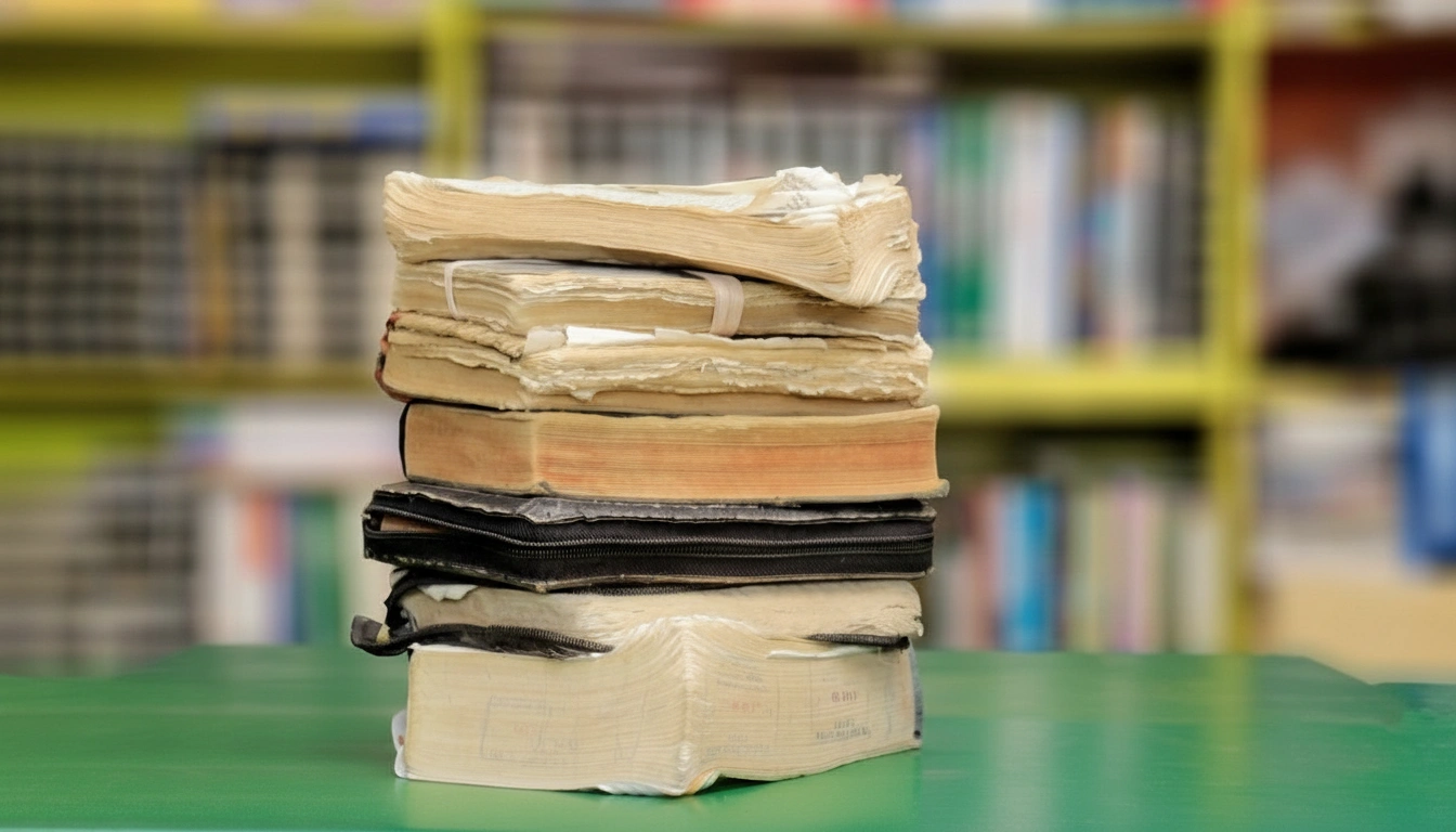 Worn torn Bible with loose pages before restoration at Bible Empire Kampala studio